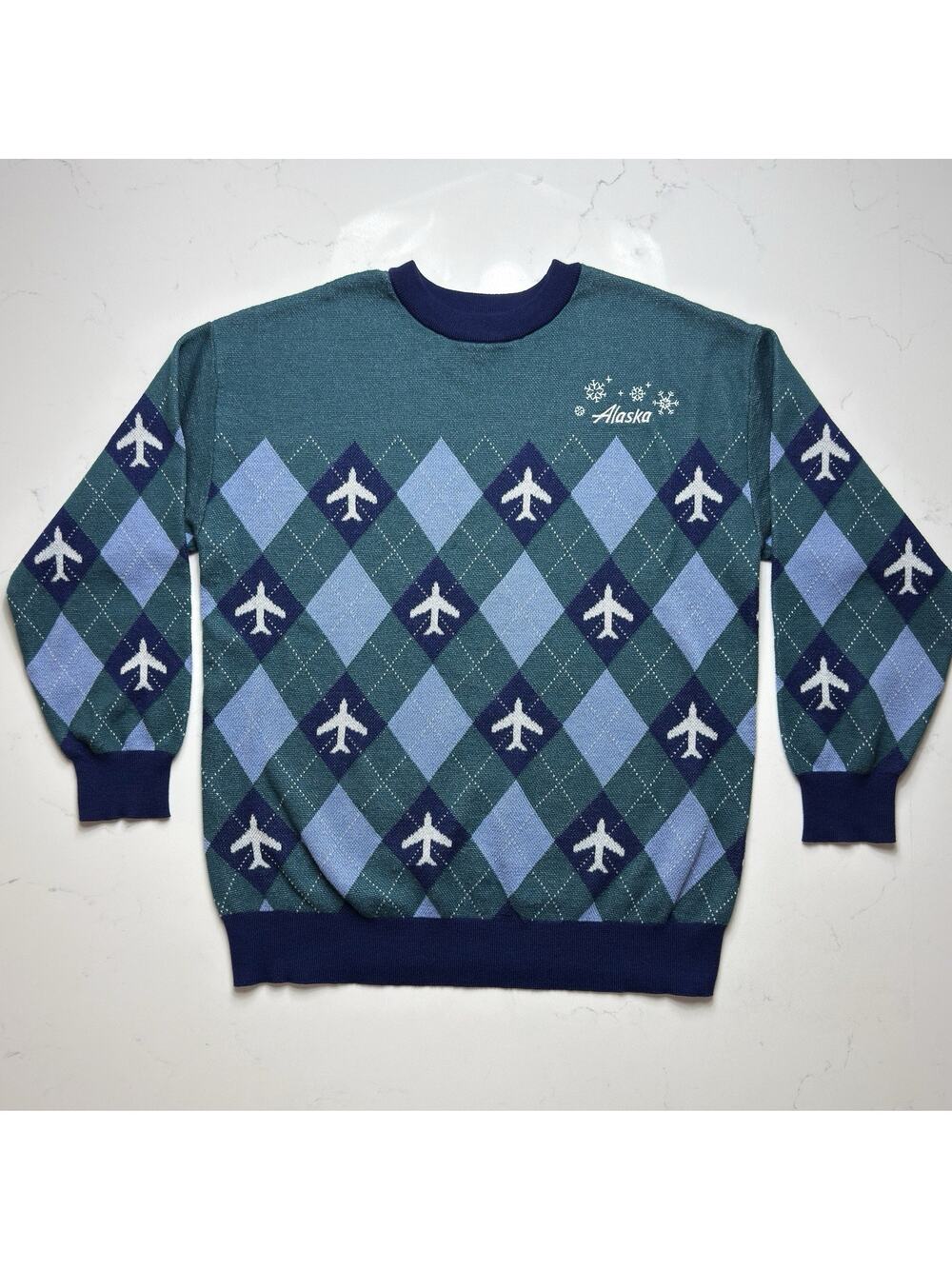 Alaska Airlines Holiday Crewneck Pullover Sweater Size XL Blue Teal Planes